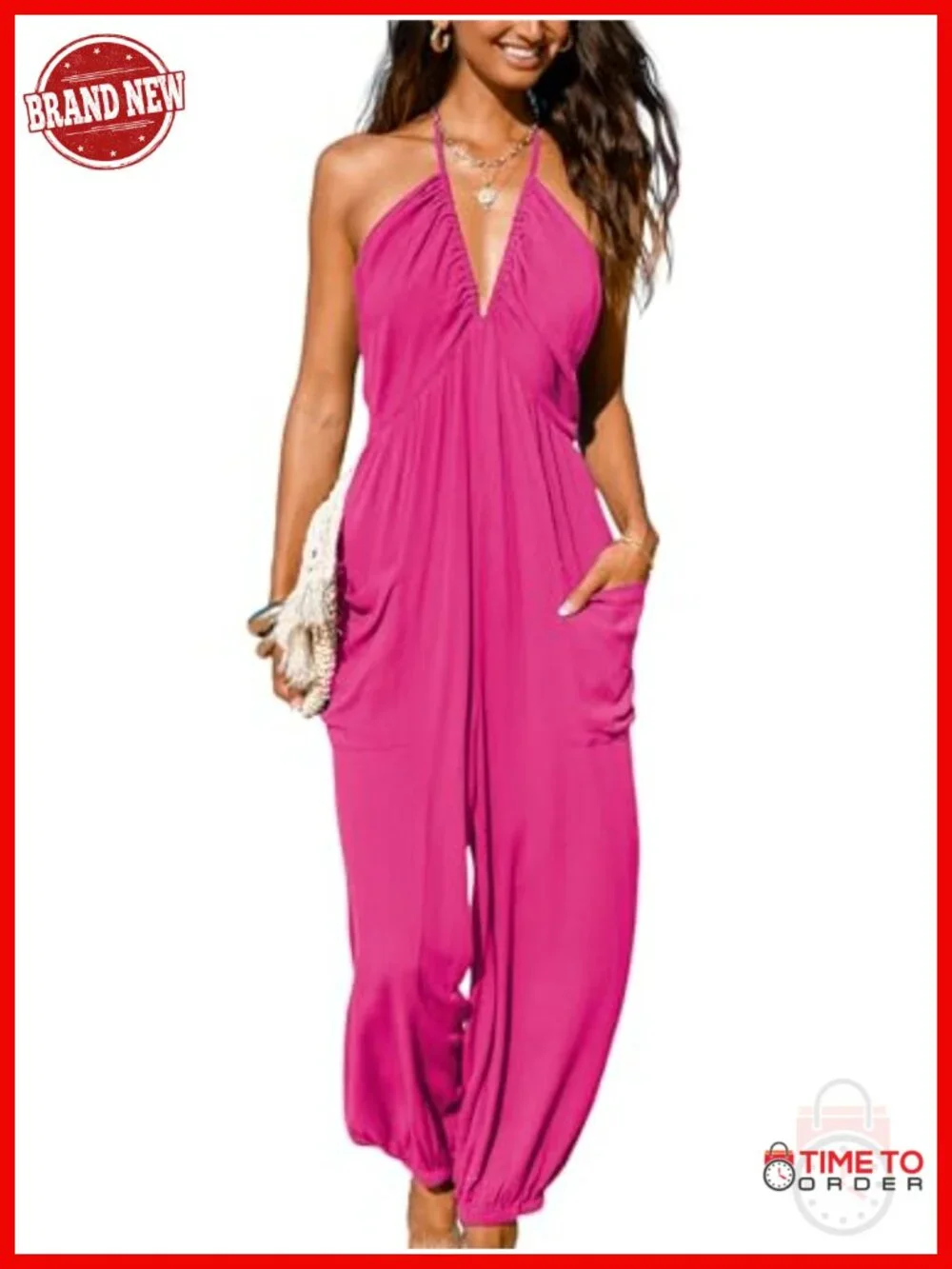 Halter V Neck Sleeveless Pleated Maxi Jumpsuit with Pockets